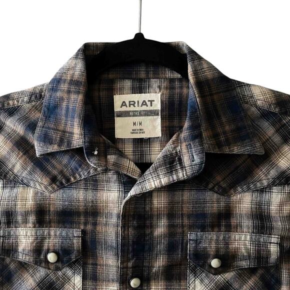 Ariat Men's Retro Fit Pearl Snap Western Shirt Brown Blue Plaid Cotton Size M - Picture 4 of 9